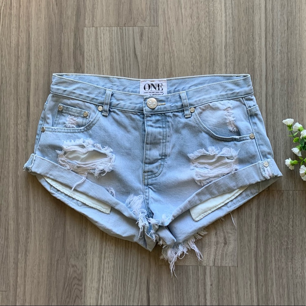 One Teaspoon BANDITS Relaxed Fit Long Hi Rise Fly Twisted Cuff Hem Denim Shorts